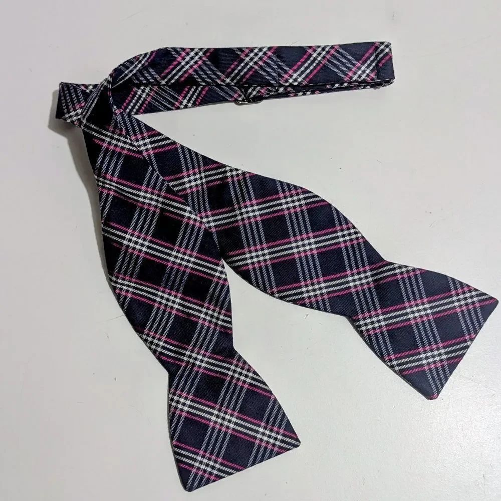 Beau Ties Ltd 100% Silk Wide Plaid Blue Adjustable Self Bow Tie Handmade In USA